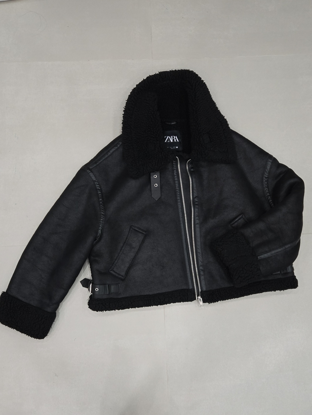 Zara Black Double-faced Aviator Jacket With Thick Faux-shearling Lining Sz L